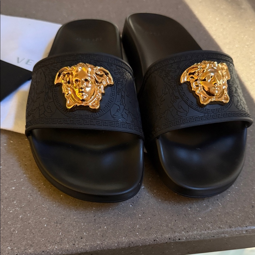 Versace Womens Black Slides with Gold Medusa